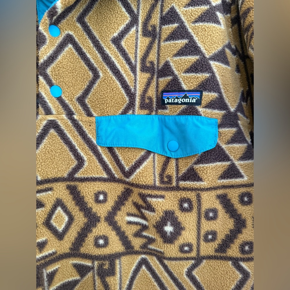 Patagonia Brown Tan Fleece Jacket Blue Trim Aztec Men’s Size S Women’s Medium - Picture 4 of 8